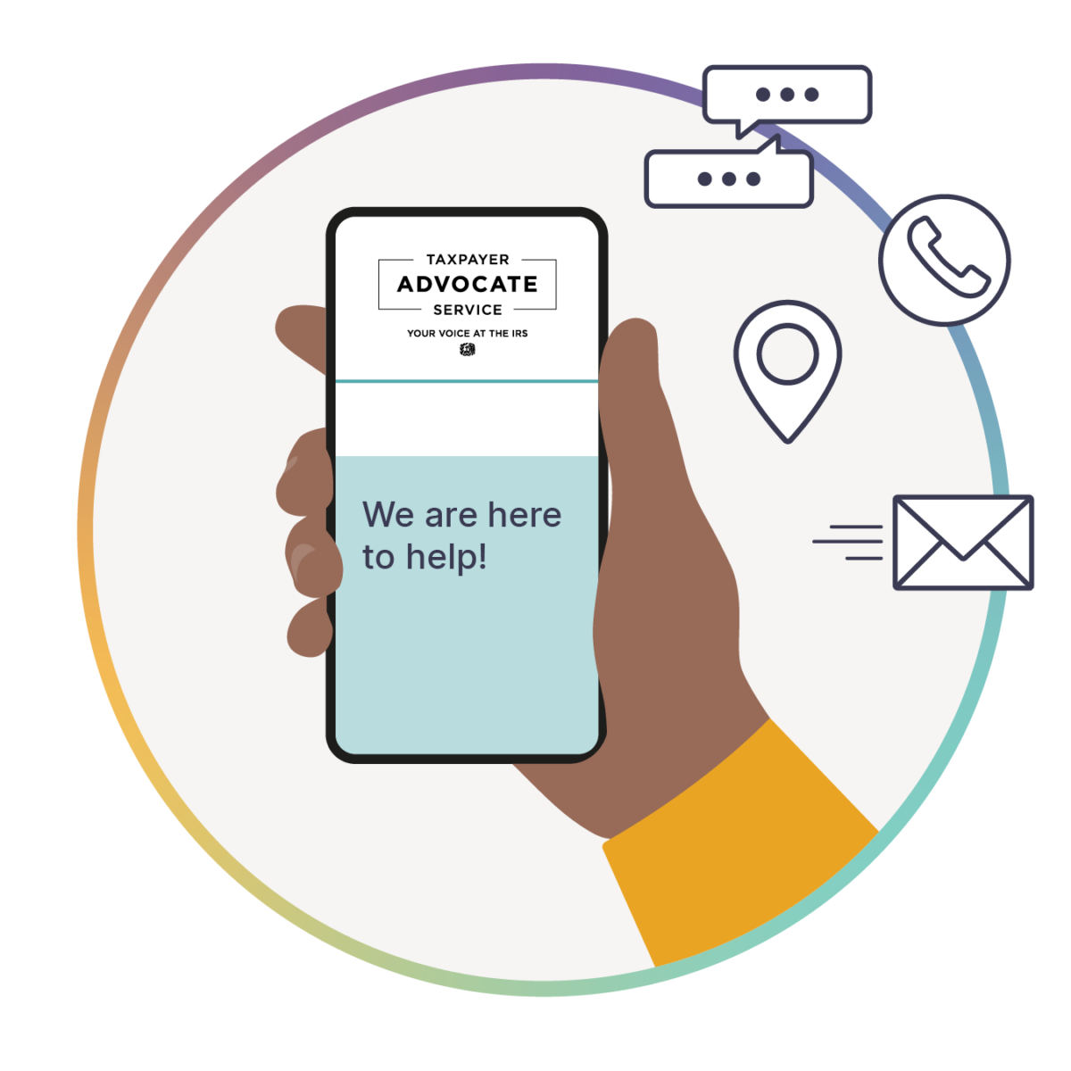 phone with logo we are here to help